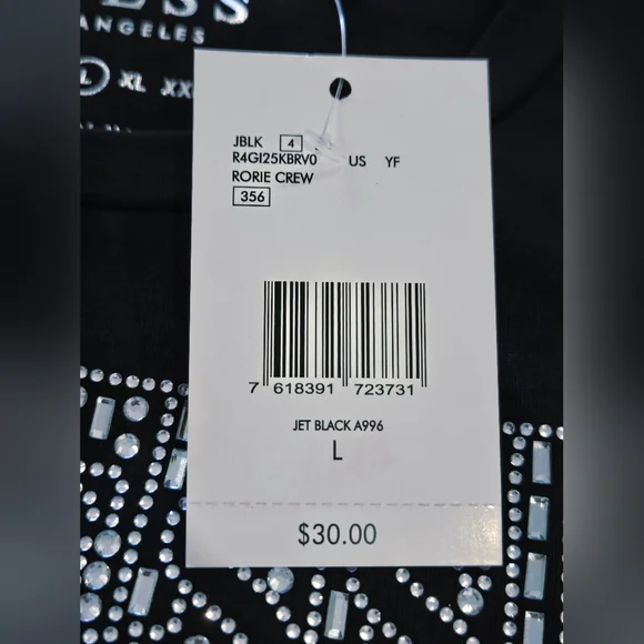GUESS T-Shirt Women's Black Rhinestone Bling Triangle Logo Large NEW - Picture 5 of 13